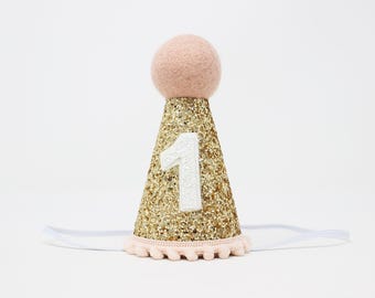 1st Birthday Girl Party Hat | Pale Gold Glitter Hat + Choose Color + White Leather Number "1"
