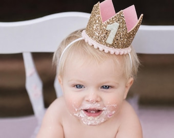 1st Birthday Girl Crown | Pale Gold Glitter Crown + Choose Color + White Glitter Number