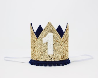 1st Birthday Boy Crown | Pale Gold Glitter Crown + Navy Blue Trim + White Leather Number "1"