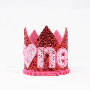 Valentine First Birthday Crown | 1st Birthday Crown Valentine&#39;s Day Outfit | Red Glitter Crown + Rose Pom Trim + Bubblegum Heart ONE