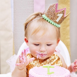 1st Birthday Girl Crown | Pale Gold Glitter Crown + Mint Pom Trim + Baby Pink Inner Lining + White Glitter Number image 1