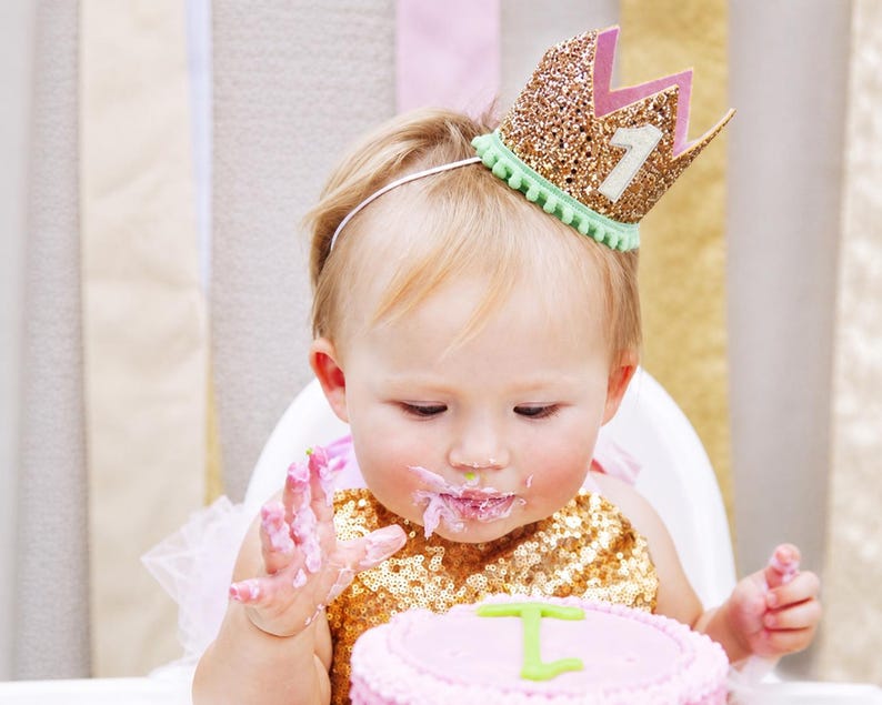1st Birthday Girl Crown | Pale Gold Glitter Crown + Mint Pom Trim + Baby Pink Inner Lining + White Glitter Number image 1