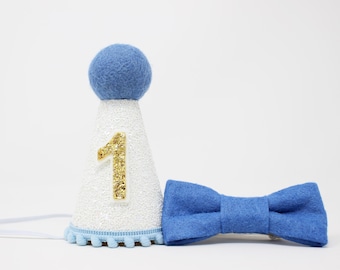 1st Birthday Boy Party Hat | White Glitter Hat + Baby Blue Trim/Top + Yellow Gold "1"
