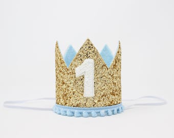 1st Birthday Boy Crown | Pale Gold Glitter Crown + Baby Blue Trim + White Leather Number "1"