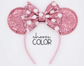 Sequin Mouse Ears Headband | Pink Sequin Ears + Choose Bow Color