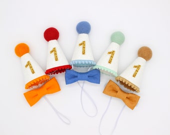 1st Birthday Boy Party Hat | White Glitter Hat + Choose Color + Yellow Gold Glitter "1"