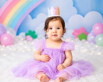 1st Birthday Girl Crown | Pastel Rainbow Glitter Crown + White Pom Trim + Choose Inner Lining Color + White Glitter Number
