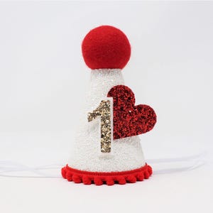 Valentine First Birthday Hat | 1st Birthday Hat | First Birthday Girl | White Glitter Hat + Red Trim/Top + Heart + Gold Glitter Number