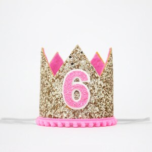 6th Birthday Crown | Sixth Birthday Girl Outfit | 6th Birthday Hat | Pale Gold Glitter + Hot Pink Pom Trim/Lining + Hot Pink Glitter Number