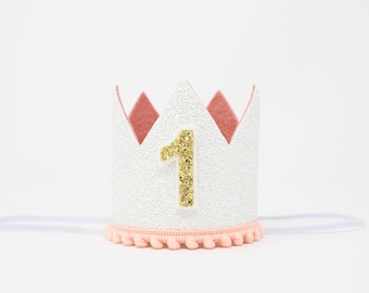 1st Birthday Girl Crown | White Glitter Crown + Choose Color + Yellow Gold "1"