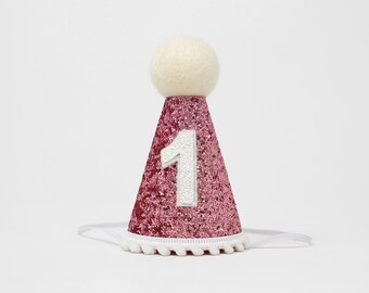 1st Birthday Girl Party Hat | Summer Sale | Bubblegum Glitter Hat + White Trim/Top + White Glitter "1"