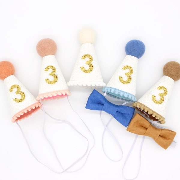 Chapeau 3e anniversaire | Chapeau de fête pour 3e anniversaire fille garçon nœud papillon en feutre facultatif | Tenue du troisième anniversaire | Chapeau à paillettes blanches + Choisissez les détails de la couleur