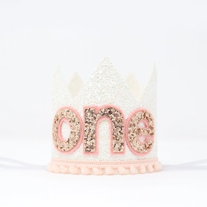 First Birthday Crown | 1st Birthday Crown | 1st Birthday Girl | One Birthday Girl | White Glitter Crown + Choose Color + Rose Gold Details