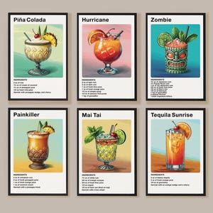 6 Tiki Cocktail Digital Poster Set | Drink Recipes | Digital Mixology Decor for Home Bar and Kitchen | Vintage Art | Instant Download