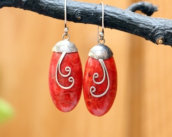 Red Coral Earrings - BOHO - Bohemian - Silver Sterling 925