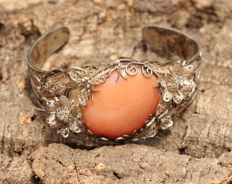 Silver Filigree Cuff Bracelet with oval carnelian gemstone - 800/1000