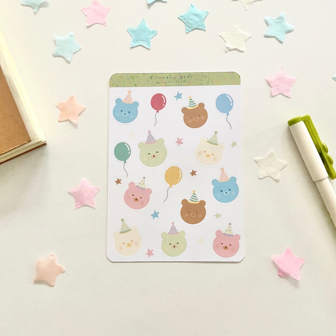 Birthday Bear Sticker Sheet - Cute Stickers - Aesthetic - Journal ...