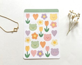 Flower Bear Sticker Sheet - Leuke stickervellen - Esthetisch - Briefpapier - Journal Supplies