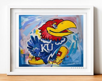May include: A colorful abstract painting of the University of Kansas mascot, a blue and yellow bird with a red head, wearing a blue jersey with the letters "KU" on it. The bird is standing on one leg and has a yellow shoe on its foot.
