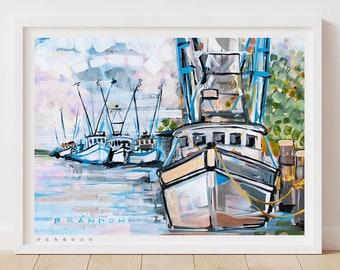 Shrimp Boat Marina- Fishing Coastal Beach Deco Painting Print by BRANDON