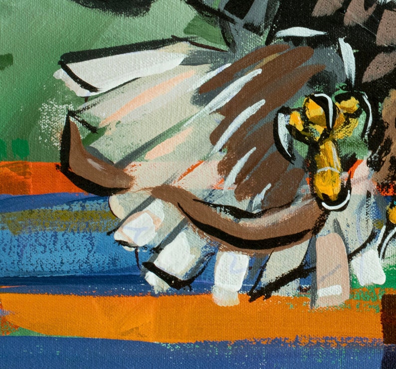 May include: A close-up of a painting with a brown, white, and yellow abstract design. The painting has a textured surface and is painted on a canvas.