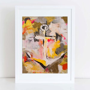 May include: Abstract painting of an anchor with yellow, pink, white, gray, and black paint. The anchor is centered in the painting and is surrounded by abstract shapes and lines. The artist's signature, "BRANDON", is in the bottom left corner of the painting.