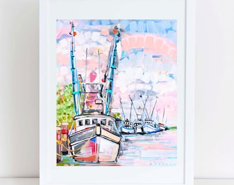 Shrimp Boats at Sunset by Brandon Thomas for Beach Coastal Home Decor | Archival Giclee Fine Art Print