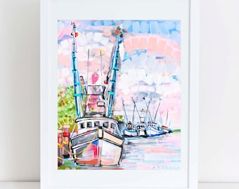 Shrimp Boats at Sunset Painting Print