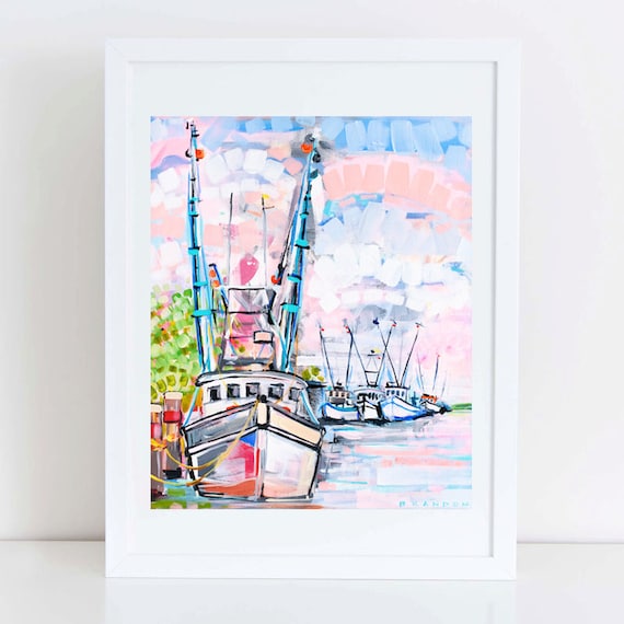 Shrimp Boats at Sunset by Brandon Thomas for Beach Coastal Home Decor | Archival Giclee Fine Art Print