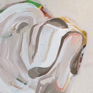 May include: Abstract painting with a close-up view of a face. The artwork features broad brushstrokes in white, gray, and pink hues, with accents of green and yellow. The canvas has a textured appearance.