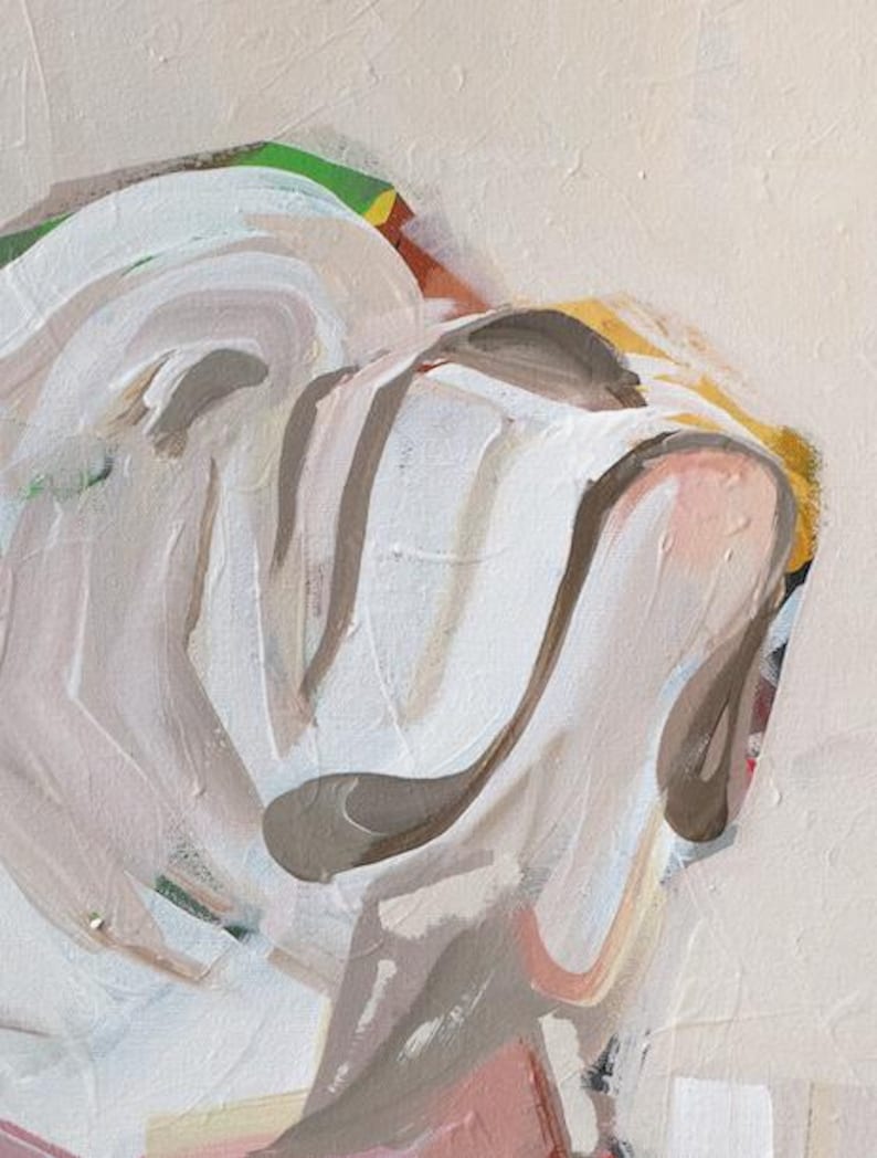 May include: Abstract painting with a close-up view of a face. The artwork features broad brushstrokes in white, gray, and pink hues, with accents of green and yellow. The canvas has a textured appearance.
