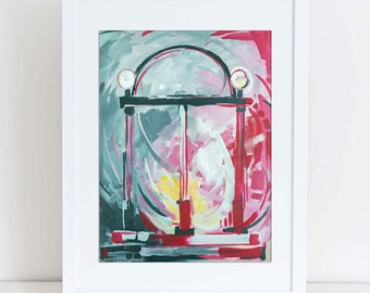 May include: Abstract painting of a red and white archway with two lights on top. The background is a mix of gray, pink, and yellow.