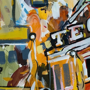 May include: Abstract painting with bold strokes of yellow, orange, red, blue, and black paint. The painting features geometric shapes and a sense of movement.