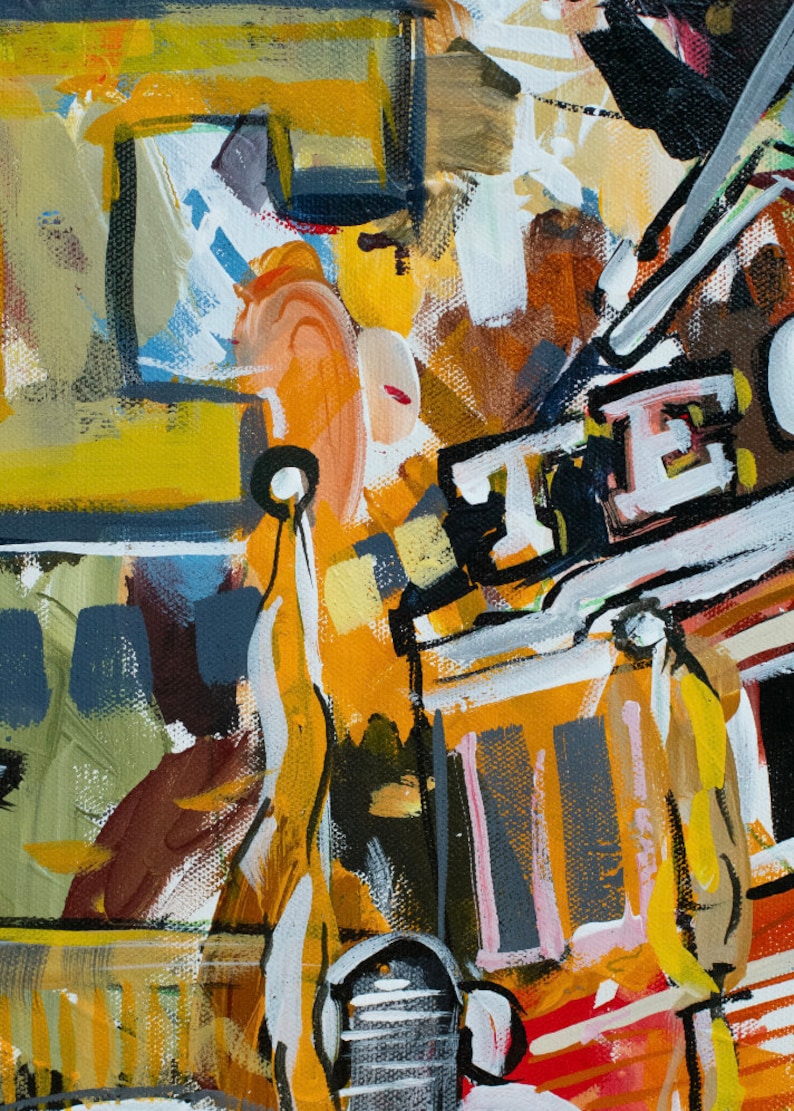 May include: Abstract painting with bold strokes of yellow, orange, red, blue, and black paint. The painting features geometric shapes and a sense of movement.