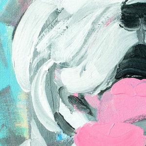 May include: Abstract painting with thick brushstrokes in white, black, gray, and pink. The painting has a textured surface and a modern style.