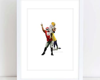 May include: A digital illustration of two football players in action. The player in the red jersey is raising his arm in the air, while the player in the purple and gold jersey is holding onto him. The background is white.