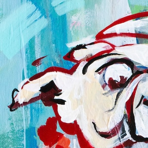 May include: Abstract painting with a white, red, and black color scheme. The painting features a stylized face with a large eye and a curved mouth.