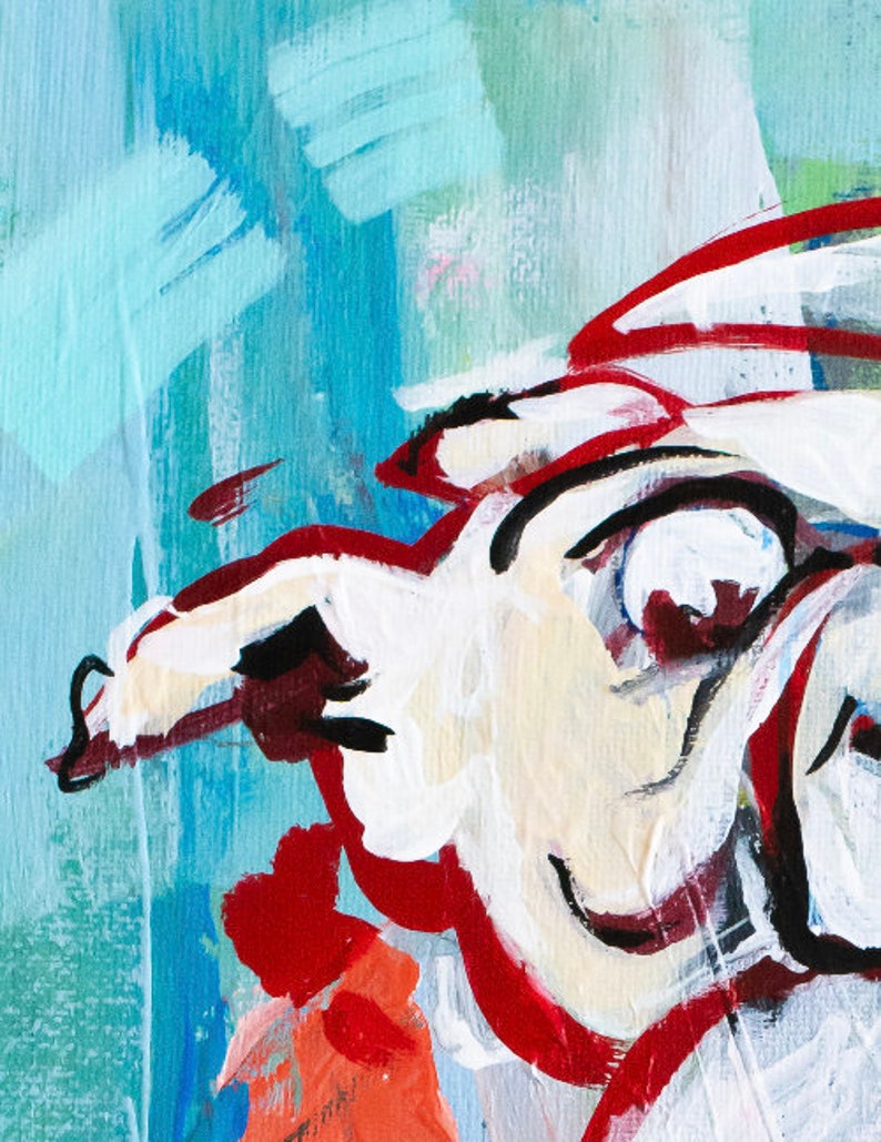 May include: Abstract painting with a white, red, and black color scheme. The painting features a stylized face with a large eye and a curved mouth.