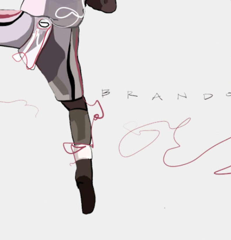 May include: A stylized illustration of a person's leg in mid-air, with a red string attached to the ankle. The word "BRANDON" is written in black lettering on a white background.