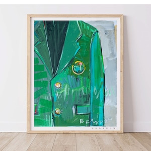 May include: A green blazer with gold buttons and a circular patch with a pink and yellow design. The text "BRANDON PRANDON" is written in black at the bottom of the image.