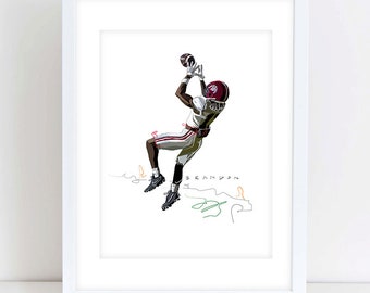 May include: A digital illustration of a football player in a white and crimson uniform catching a football. The player is in mid-air, reaching for the ball with his right hand. The background is white with a few scribbled lines. The player's name, "SKANDON", is written in cursive below the player.