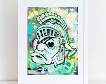 May include: A colorful abstract painting of a face wearing a helmet. The face is white with green and blue details. The helmet is green and white with a yellow crest. The background is a mix of green, blue, yellow, and gray.