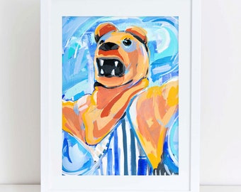 Könnte beinhalten: Ein farbenfrohes Gemälde eines Comic-Bären mit einem blau-weiß gestreiften Hemd. Der Bär ist in einem leuchtenden Orange-, Gelb- und Blauton gemalt. Der Hintergrund ist ein blaues und weißes abstraktes Design.