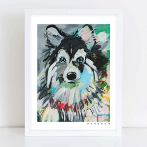 May include: A colorful abstract painting of a dog's face. The dog has black and white fur with blue eyes. The background is a mix of green, blue, and pink.