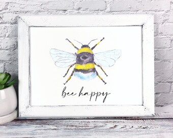 Bee Happy Gift, Bumblebee Wall Art, Bee Home Decor, Positive Wall Art, Original artwork, A4, Unframed
