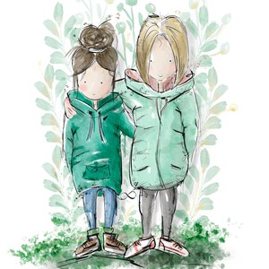 Retrato de dibujos animados en acuarela, regalo bff, ilustración familiar personalizada, caricatura, dibujo de foto, regalo de navidad, impresión digital o giclée