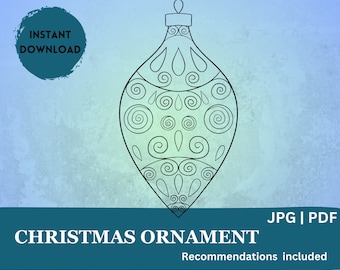 May include: Black and white line art illustration of a Christmas ornament with a swirl pattern. JPG and PDF files are included.