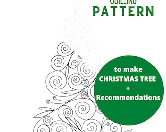 May include: Quilling pattern to make a Christmas tree, with recommendations. The pattern is a black and white line drawing of a stylized Christmas tree with swirls and leaves.