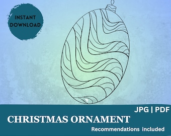 May include: A black and white line drawing of a Christmas ornament with a wavy pattern. JPG and PDF files are included.
