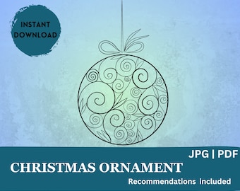 May include: A black and white line drawing of a Christmas ornament with a swirl pattern. The ornament is hanging from a string.